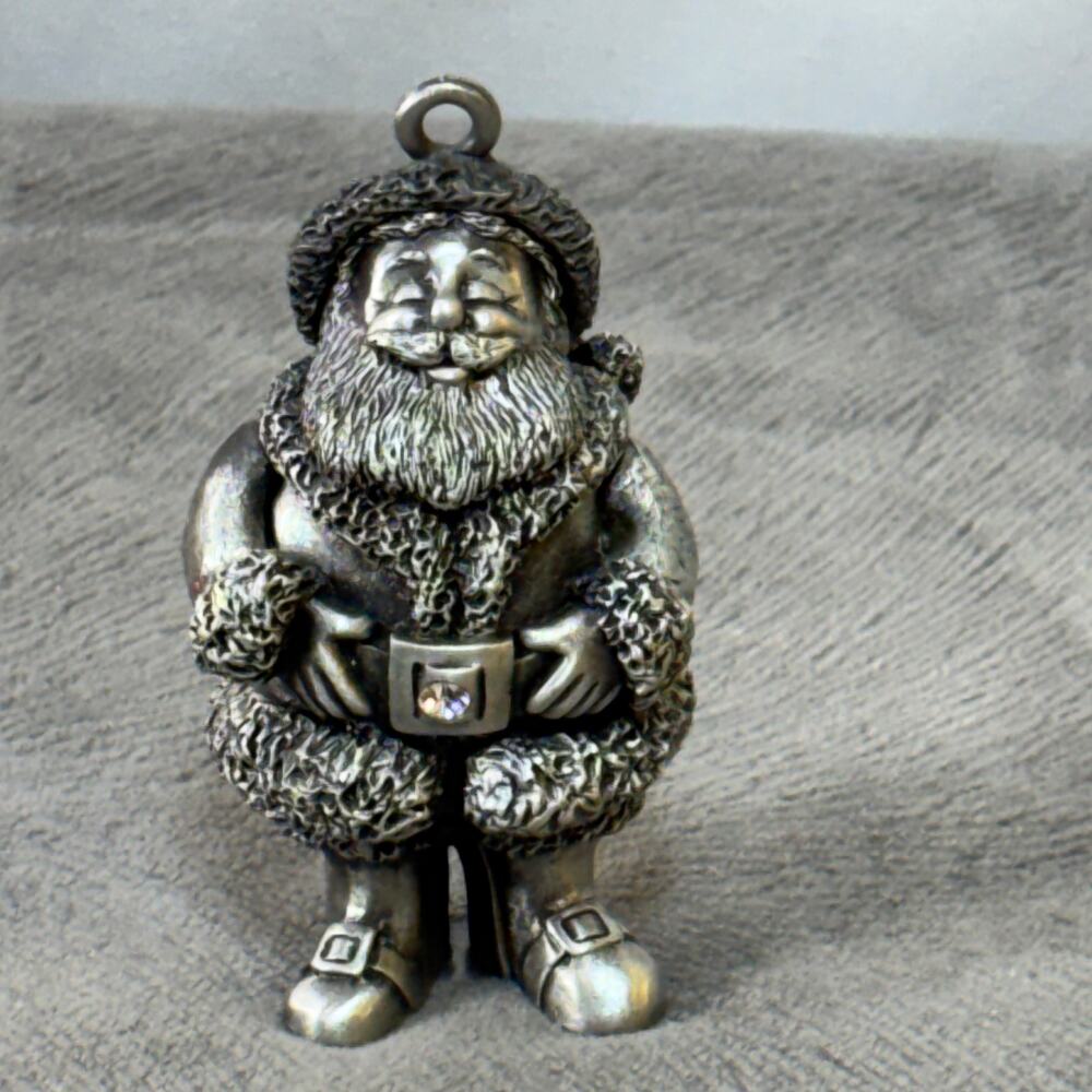 Gloria Duchin Pewter Christmas Ornament Santa Claus Swarovski Crystal Buckle